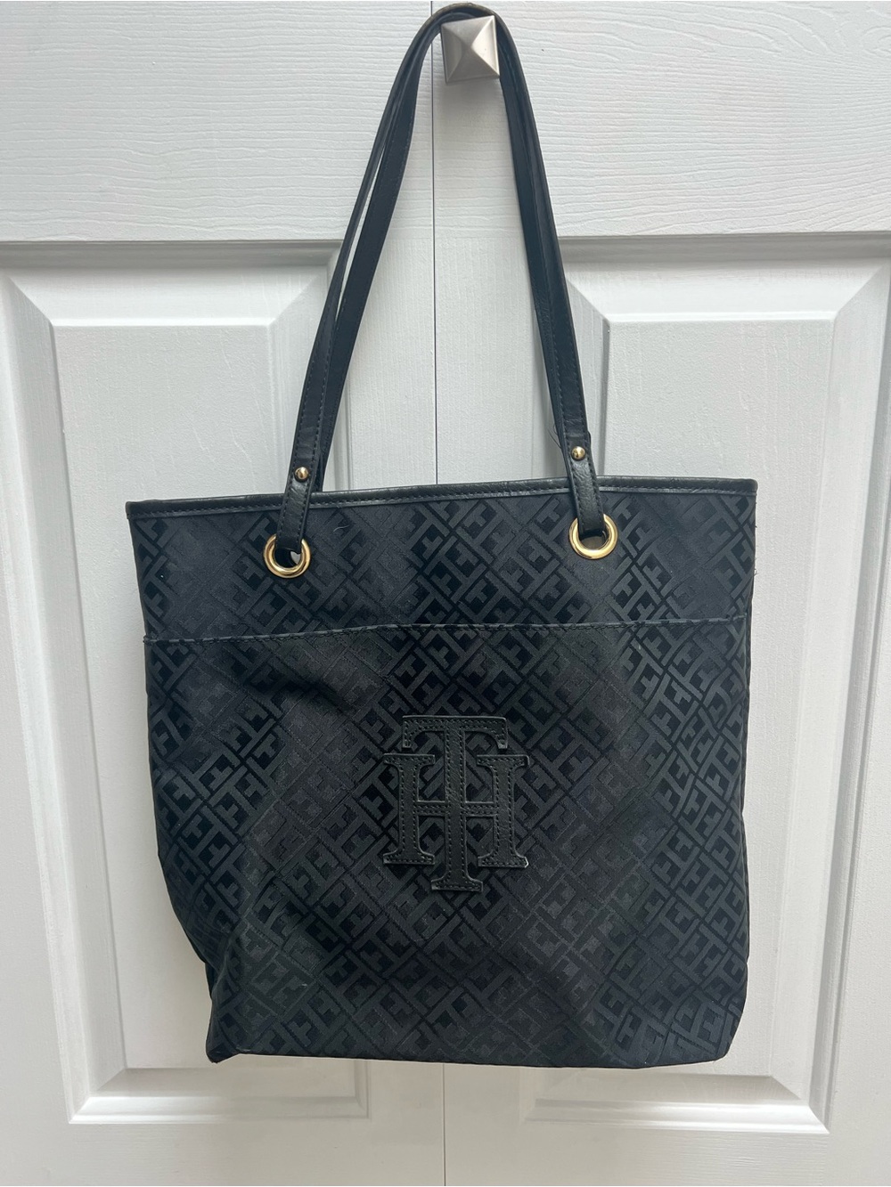 Tommy Hilfiger Black Monogram Tote with Gold-Tone Hardware